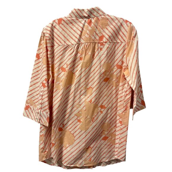 Roamans Sz 14W Button-Down Shirt 3/4 Sleeve Floral/Stripe Pattern Peach & White - Picture 10 of 12